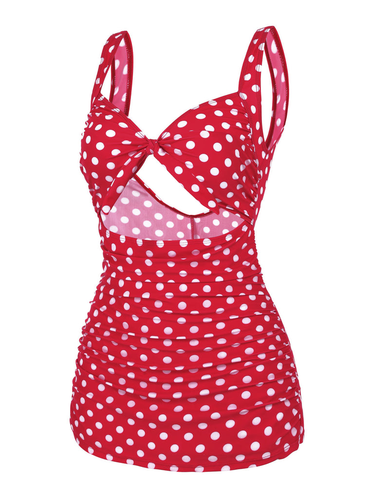 Red 1940s Polka Dot Strap One-Piece Swimsuit