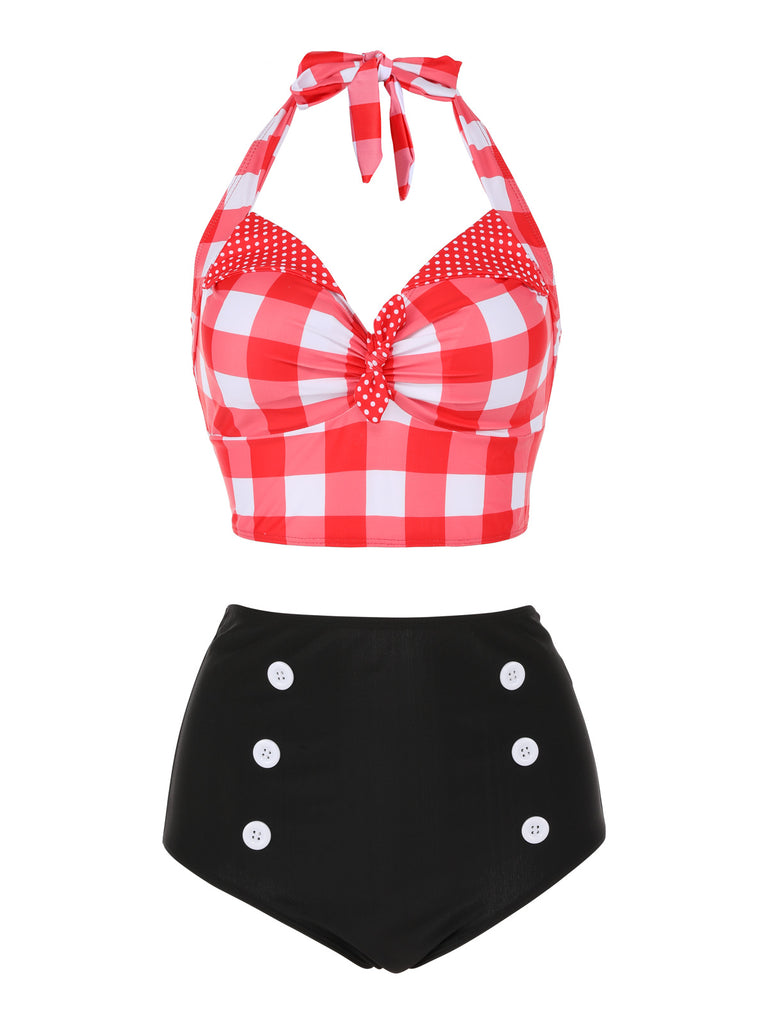 Red 1950s Plaid Halter Bikini Set Retro Stage - Main Image