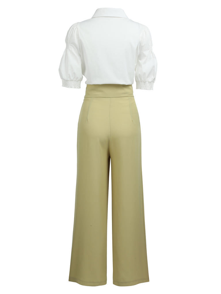 2PCS 1950s Ruffled Blouse & Solid Suspender Pants