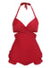 2PCS 1960s Red Butterfly Halter One-piece Swimsuit