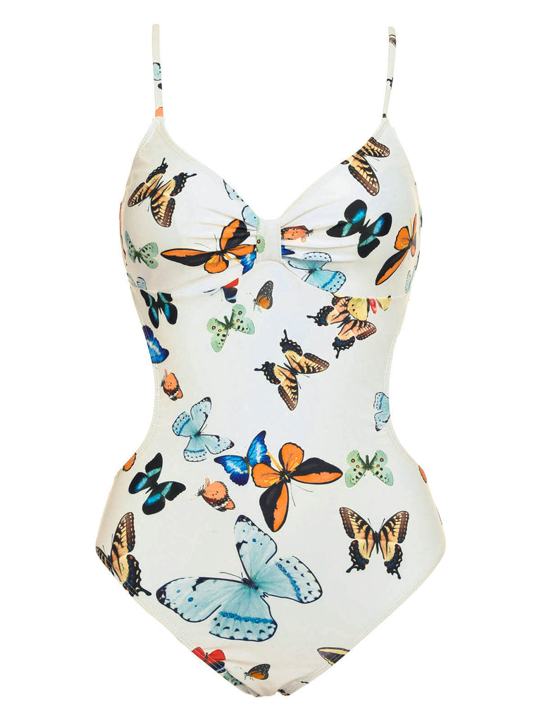 1960s Butterflies Strap One-piece Swimsuit & Cover-up Skirt