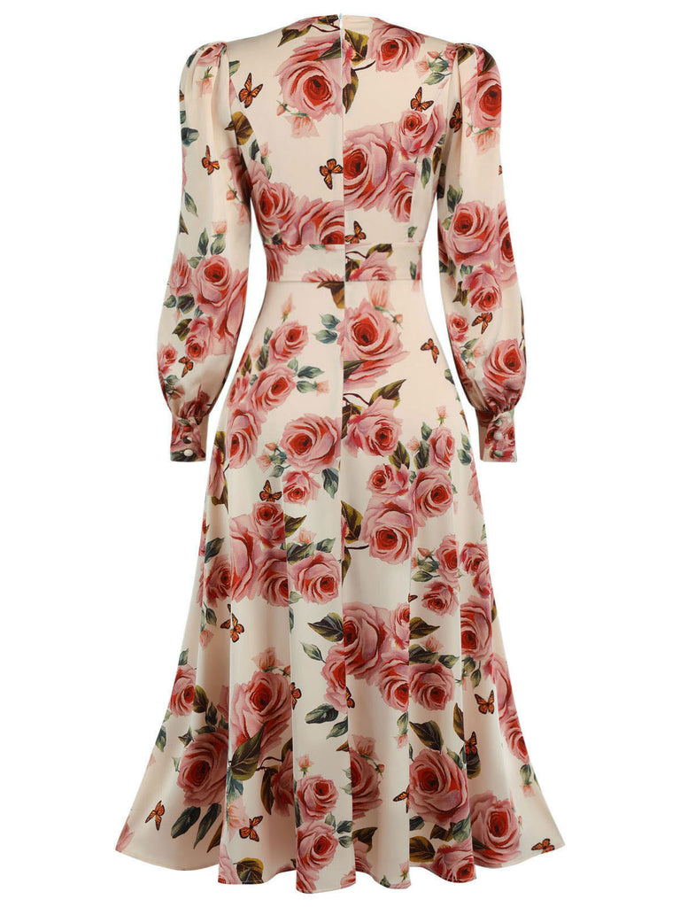 1940s Rose V-Neck Long Sleeves Dress