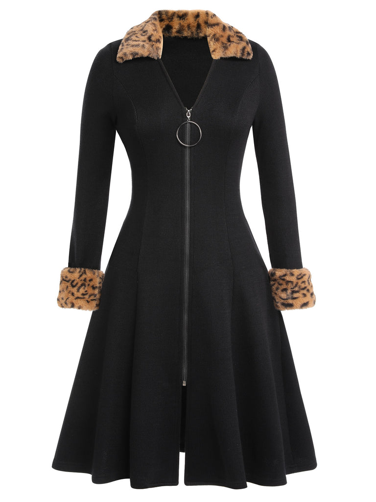 Black 1950s Lapel Leopard Patchwork Dress