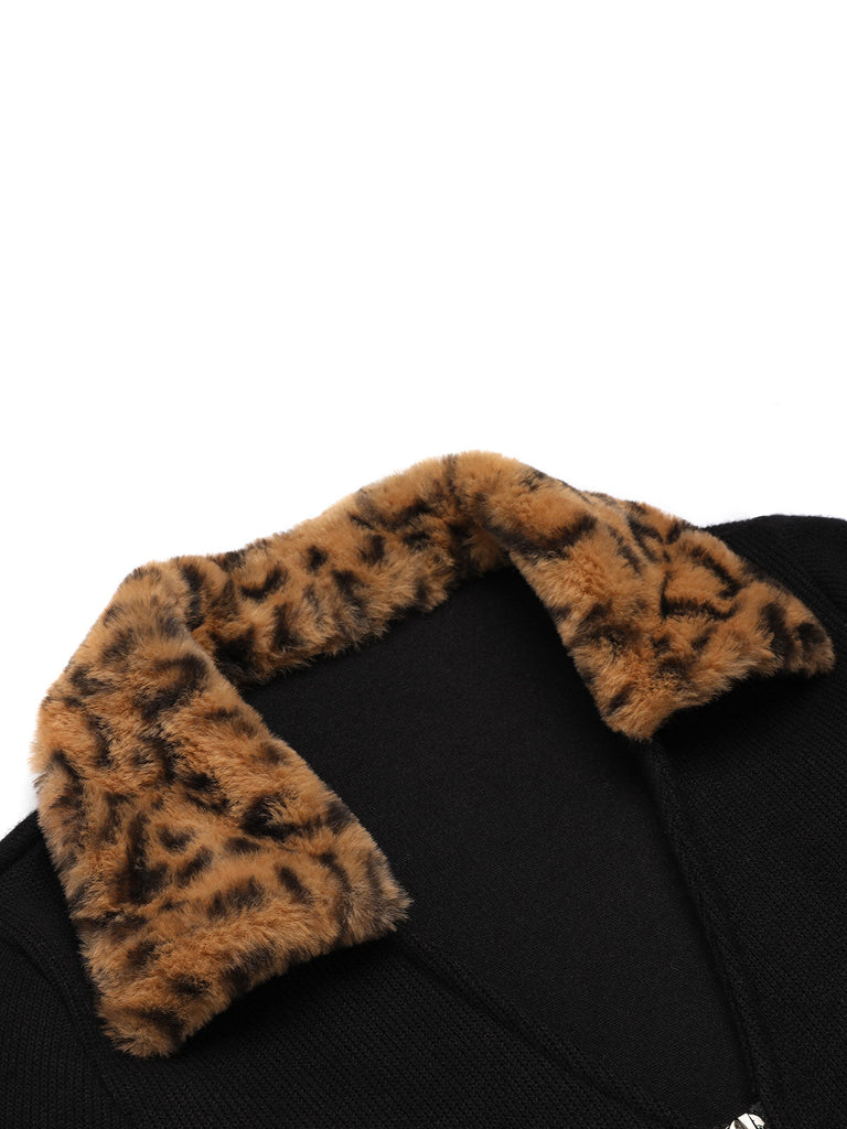 Black 1950s Lapel Leopard Patchwork Dress