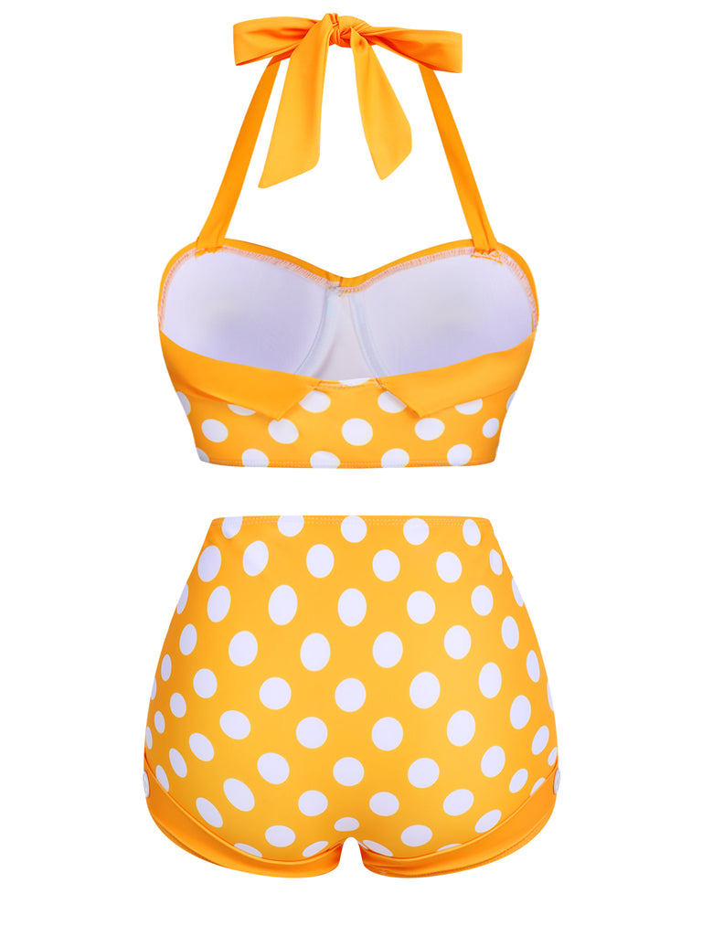 Yellow 1950s Polka Dots Halter Bikini Set