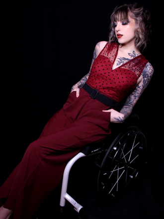 Wine Red 1930s Polka Dot Belt Jumpsuit