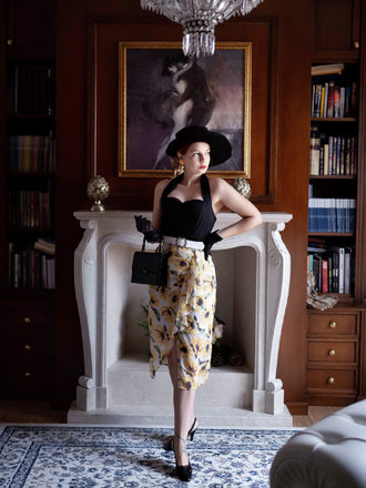 Black 1960s Halter Sunflower Pencil Dress