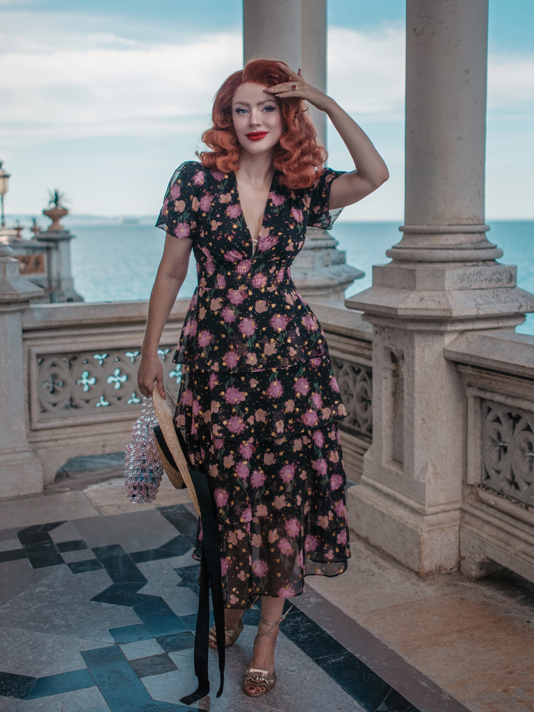 Black 1950s Lace Flowers Swing Dress Retro Stage