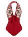 Wine Red 1950s Floral Backless Swimsuit