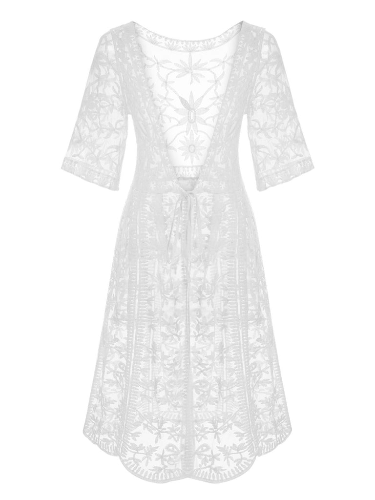 White 1960s Lace V-neck Wrap Cover-up