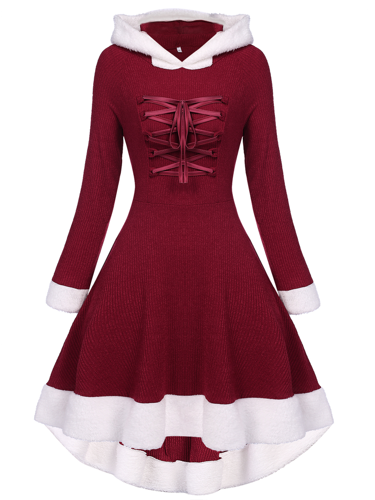 1950s Furry Patchwork Solid Lace-up Dress