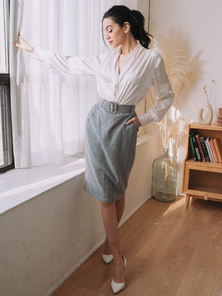 1960s Ivory Solid Blouse & Gray Retro Skirt