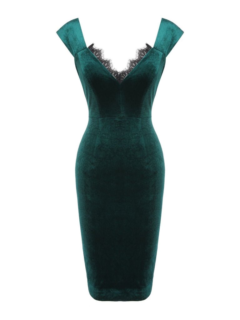 [Pre-Sale] Green 1960s Velvet Lace Patchwork Dress