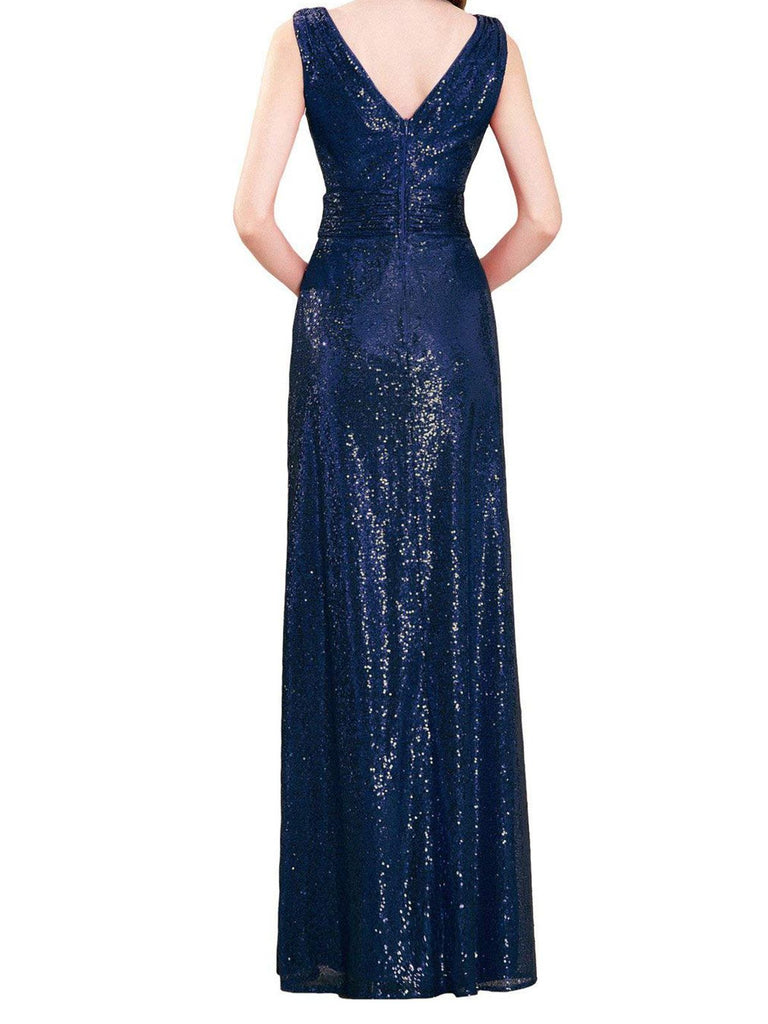 Solid V-neck Sequins Maxi Dress