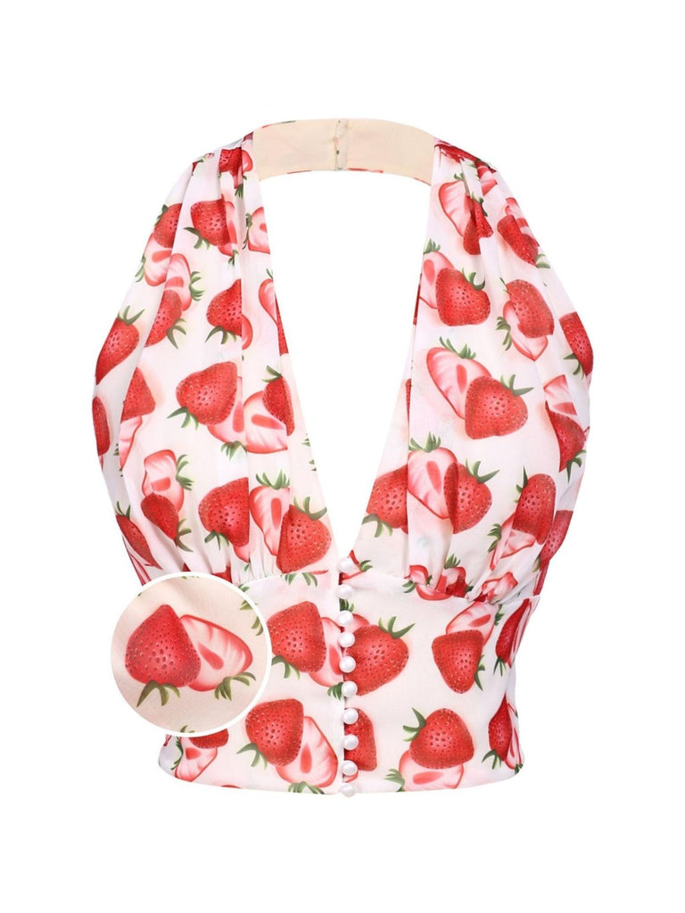 Red 1950s Halter Strawberry Button Tops