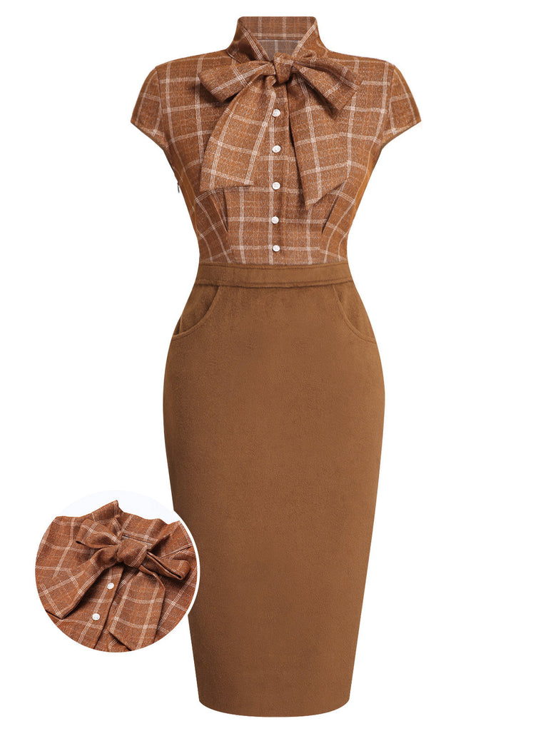 Brown 1960s Plaid Patchwork Pencil Dress