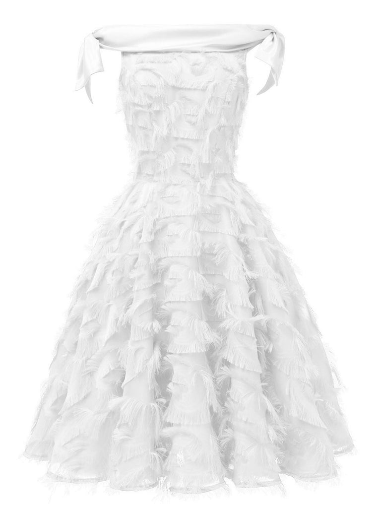 1950s Off-shoulder Tassel Feather Solid Dress