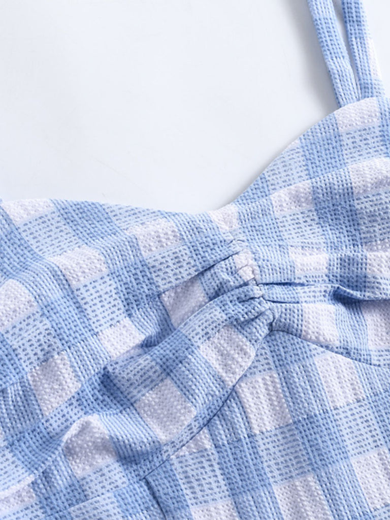Blue 1950s Spaghetti Strap Plaid Dress