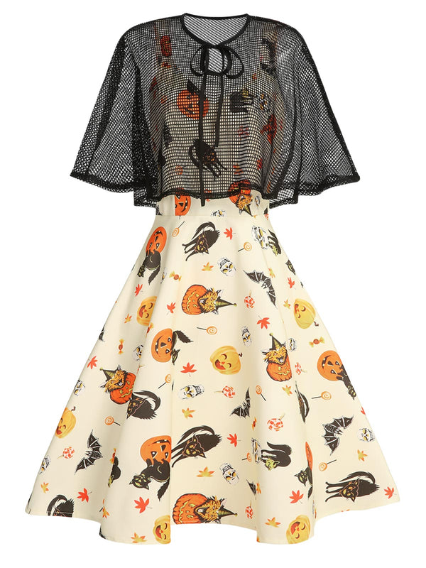 Halloween Pumpkin Cap Swing Dress Beige,M
