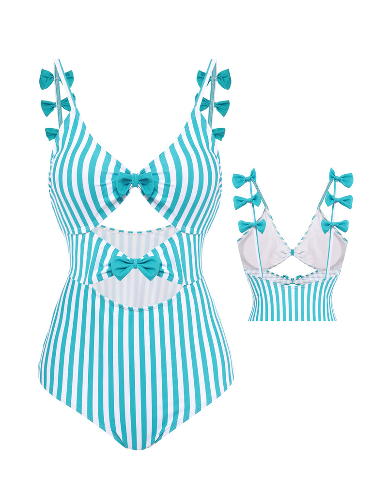 Blue 1960s Stripe Strap Bow One-Piece Swimsuit