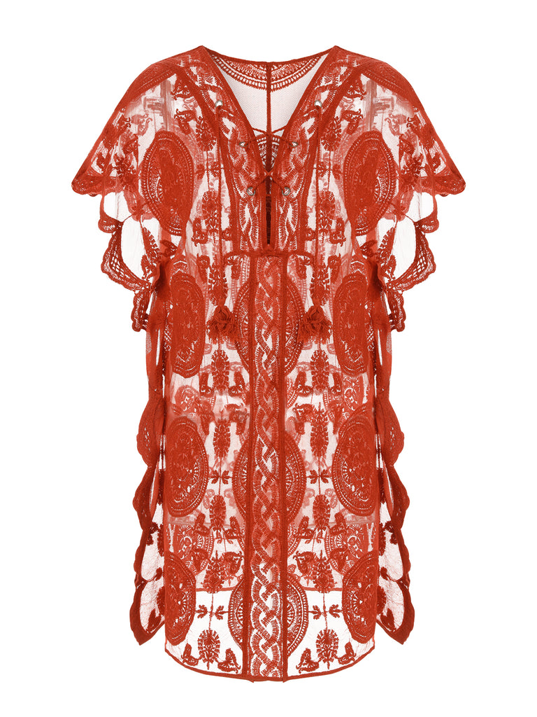 Red 1960s Embroidery Hollow Wrap Cover-up