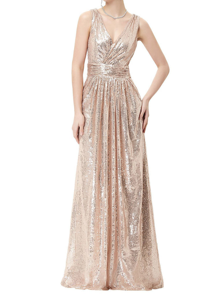 Solid V-neck Sequins Maxi Dress