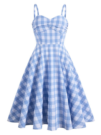 Blue 1950s Spaghetti Strap Plaid Dress