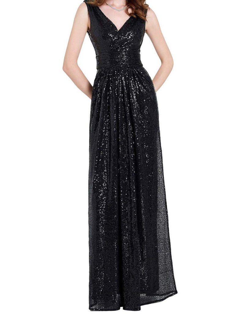 Solid V-neck Sequins Maxi Dress