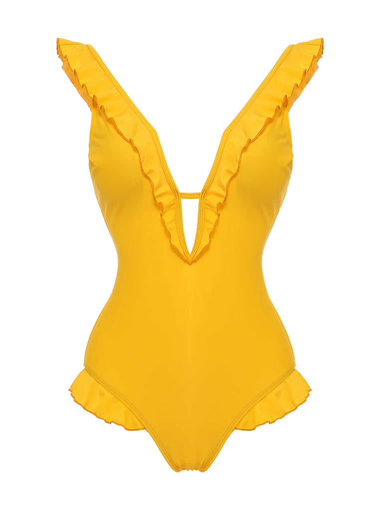 Yellow 1930s V-Neck One-piece Swimsuit