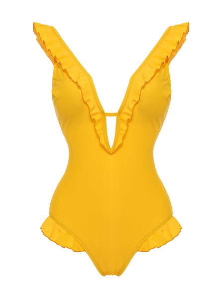Yellow 1930s V-Neck One-piece Swimsuit – Retro Stage - Chic Vintage ...