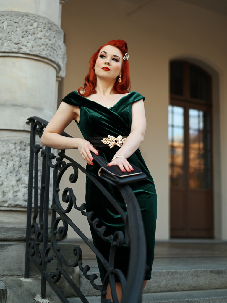 Green velvet off the shoulder best sale dress
