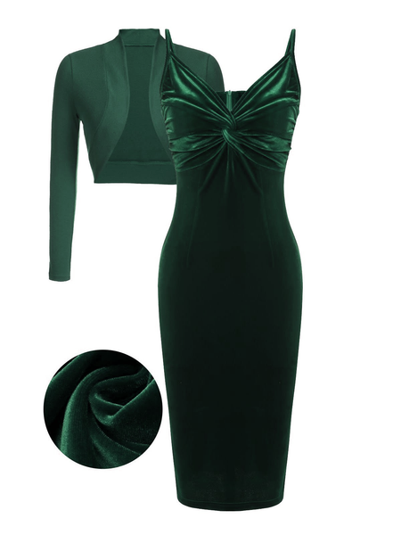 2PCS Green 1960s Velvet Bodycon Dress – Retro Stage - Chic Vintage ...