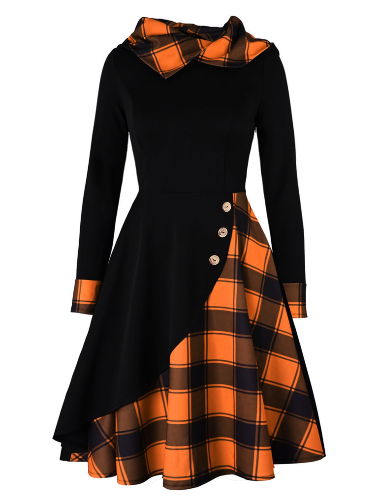 Orange 1950s Plaids Hooded Patchwork Dress