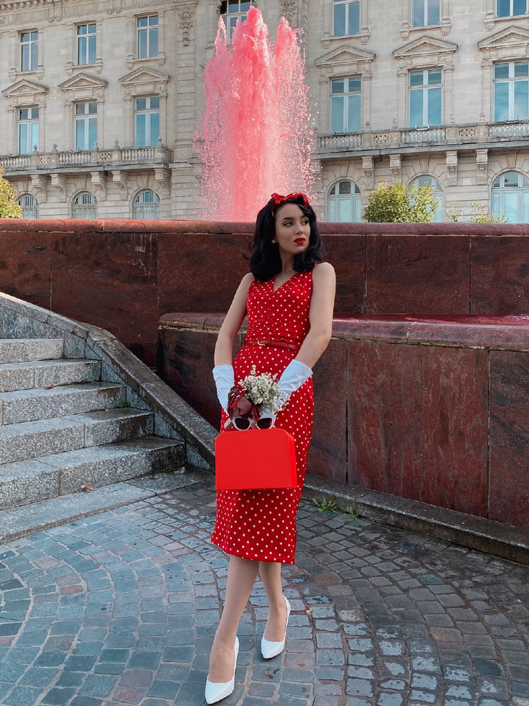 Red 1960s Dots V-Neck Pencil Dress