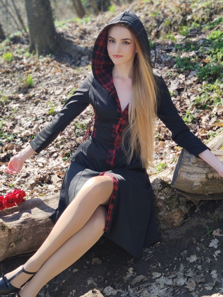 Black 1950s Plaid Hooded Swing Dress