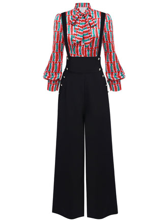 2PCS 1950s Candy Tie-Up Blouse & Black Suspender Pants: timeless style reimagined