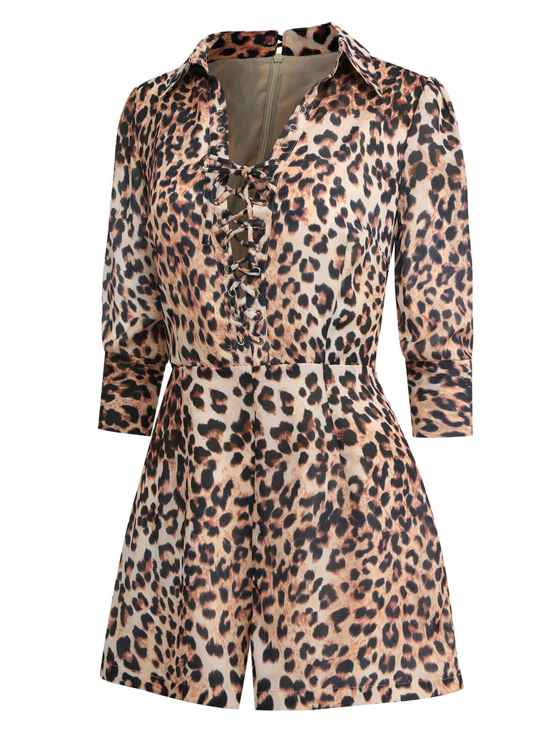 2PCS 1950s Leopard Lapel Romper & Khaki Skirt — vintage elegance for the modern woman