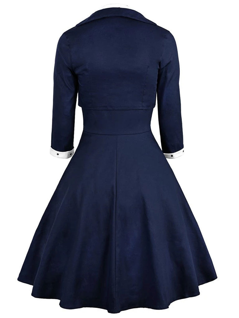 Retro Stage 1950s Navy Blue Polka Dot Work Office Dress with Bolero Jacket