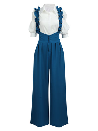 She pairs this 2PCS 1950s Ruffled Blouse & Solid Suspender Pants with confidence and 1950s charm