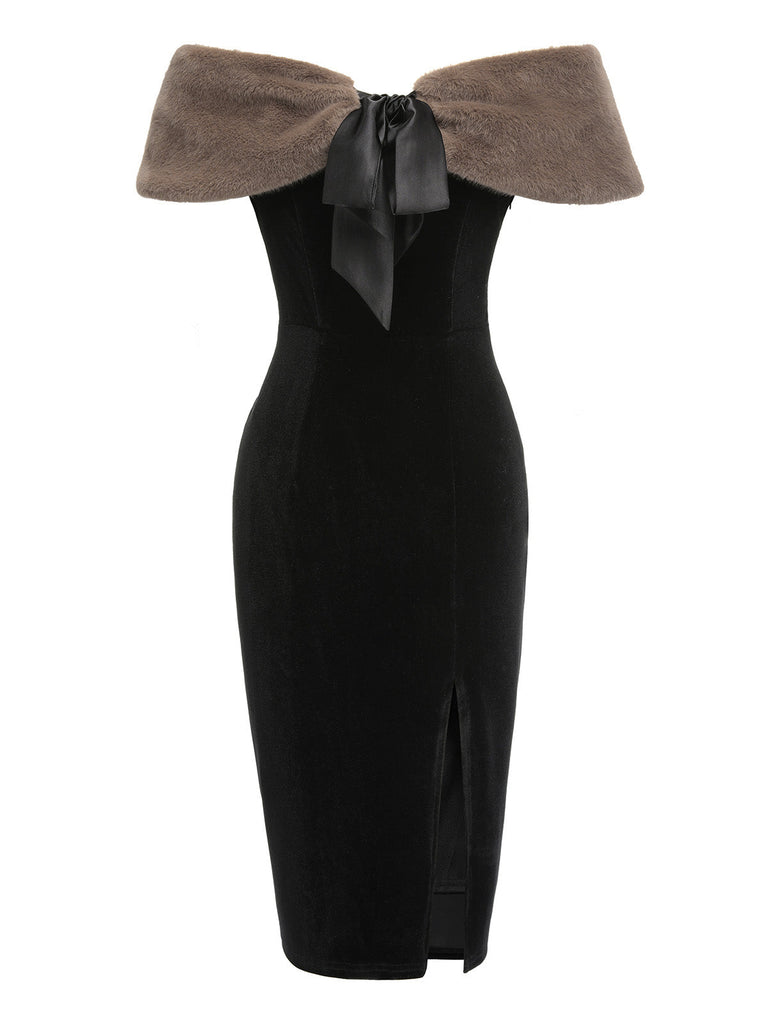 2PCS Black 1960s Solid Dress & Plush Cape — vintage elegance for the modern woman
