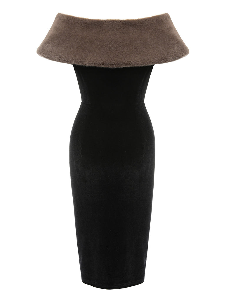 2PCS Black 1960s Solid Dress & Plush Cape: timeless style reimagined
