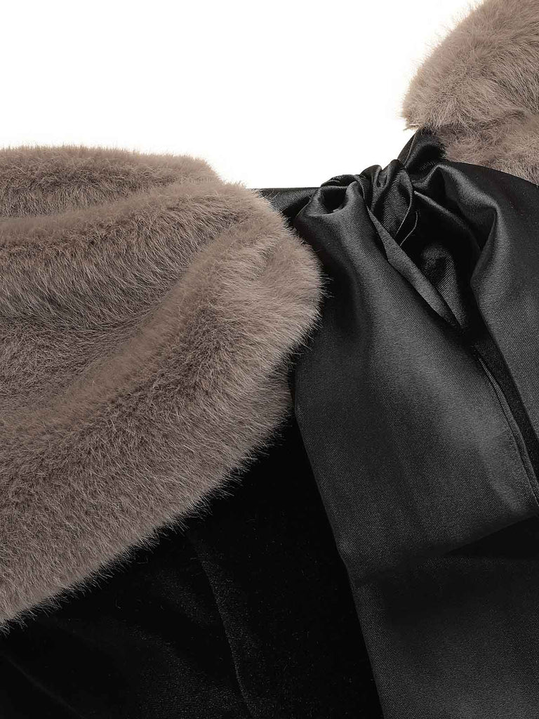 2PCS Black 1960s Solid Dress & Plush Cape: timeless style reimagined
