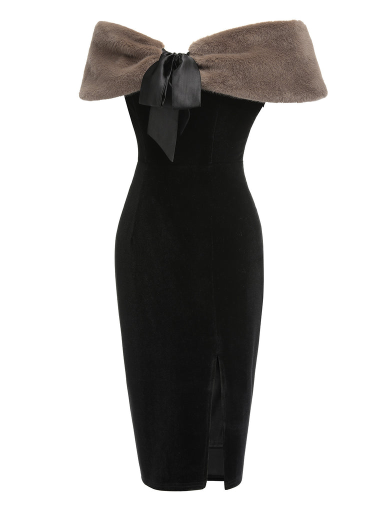 2PCS Black 1960s Solid Dress & Plush Cape, vintage dress, retro fashion - perfect for women who love vintage and retro fashion