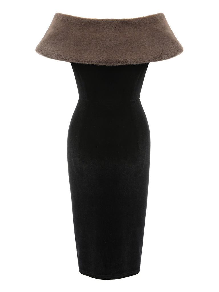 2PCS Black 1960s Solid Dress & Plush Cape, vintage dress, retro fashion - perfect for women who love vintage and retro fashion
