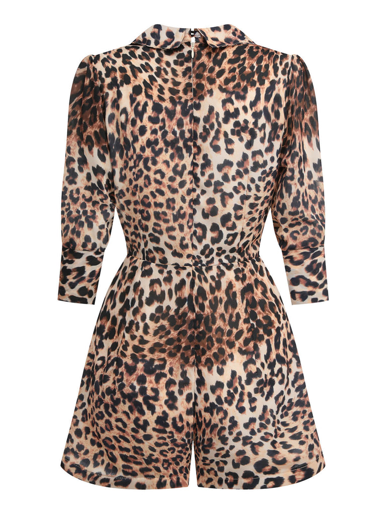 2PCS Leopard Lapel Romper & Khaki Skirt — vintage elegance for the modern woman