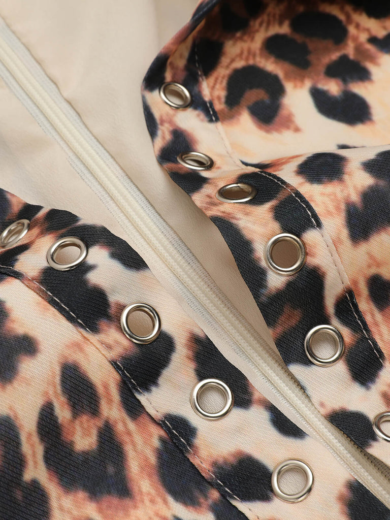 2PCS Leopard Lapel Romper & Khaki Skirt — vintage elegance for the modern woman