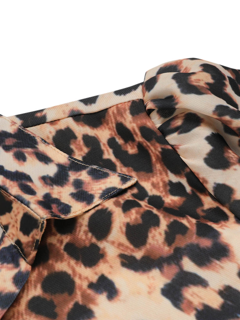 2PCS Leopard Lapel Romper & Khaki Skirt: timeless style reimagined