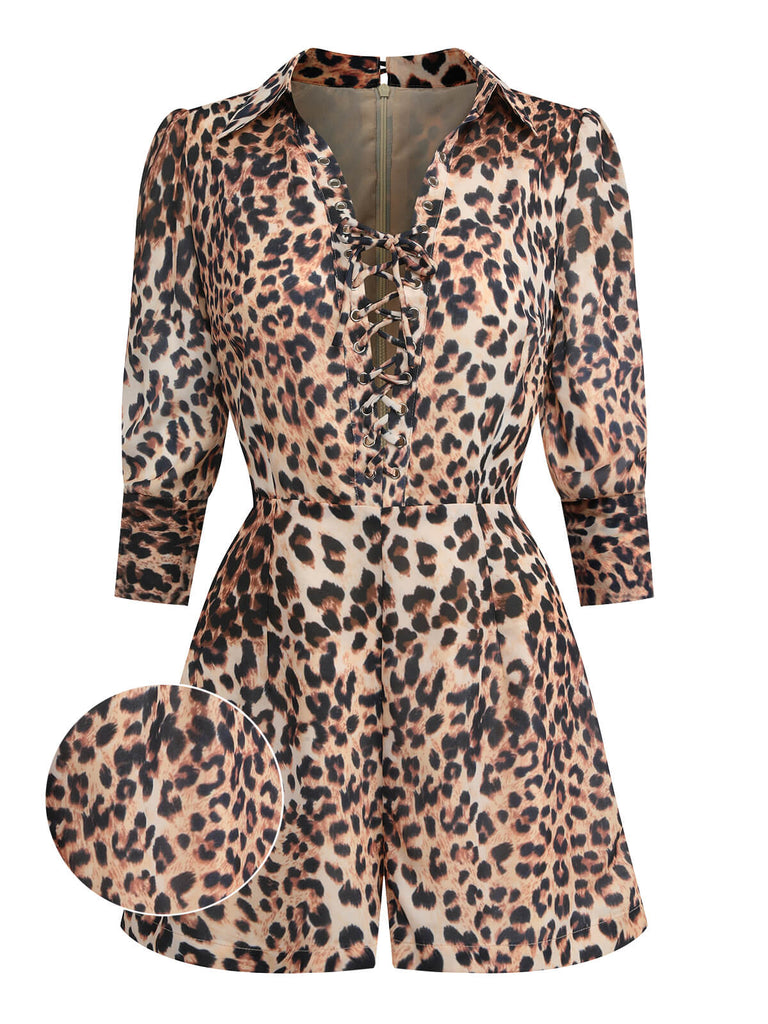 2PCS Leopard Lapel Romper & Khaki Skirt: timeless style reimagined