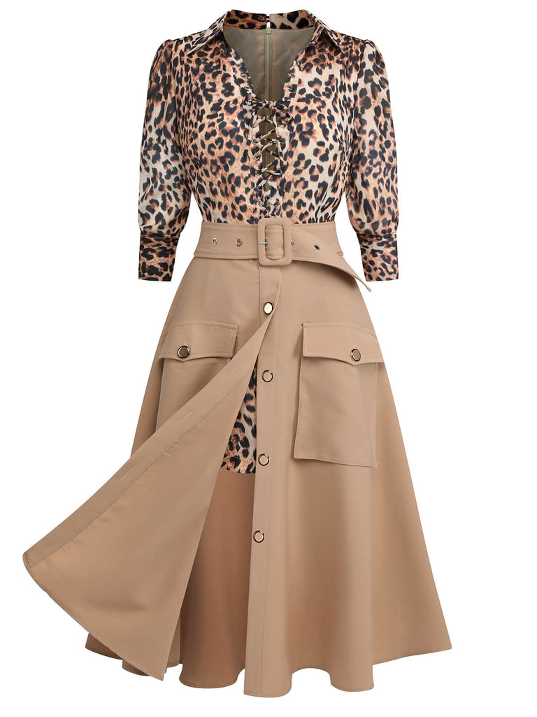 2PCS Leopard Lapel Romper & Khaki Skirt — vintage elegance for the modern woman