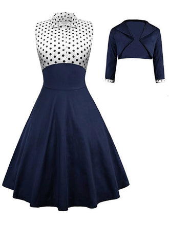 2PCS Navy 1950s Polka Dot Swing Dress, classic 1950s style elegant retro fashion - Image 1